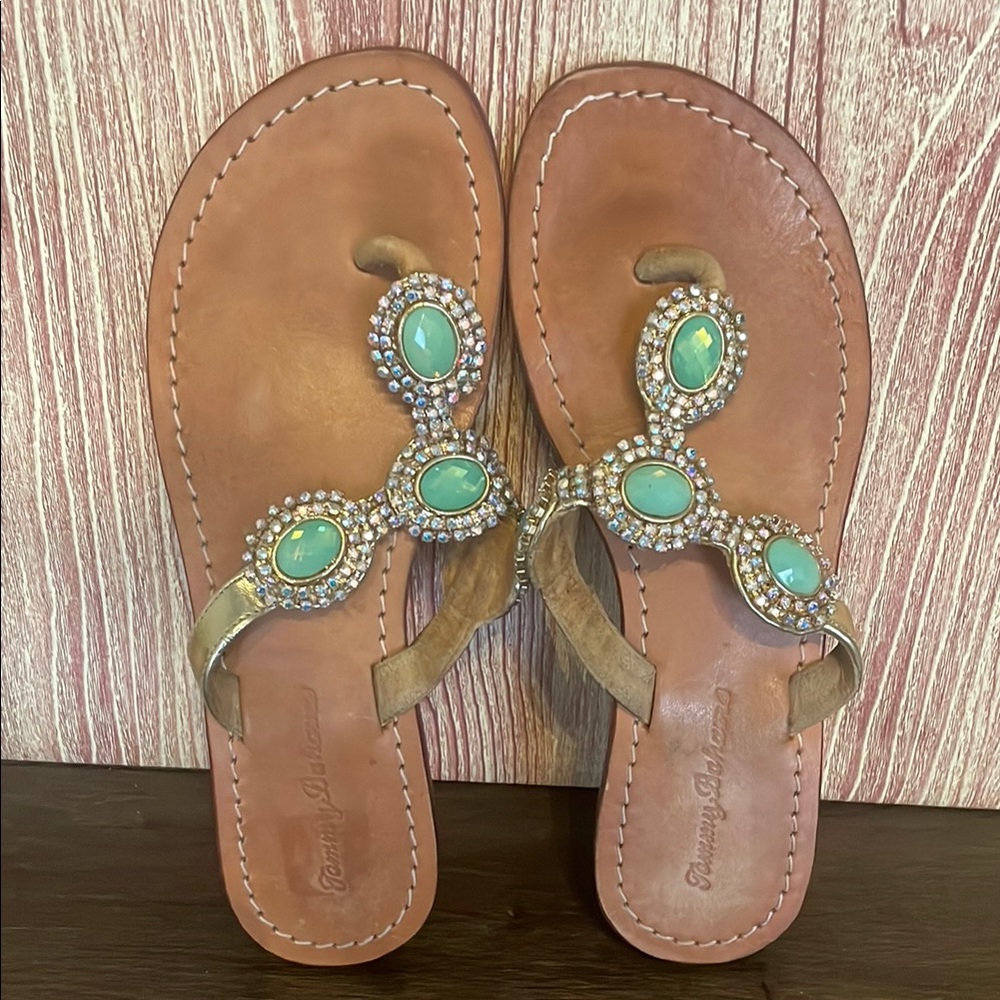 Women's Beaded Sandals in Tan and Turquoise